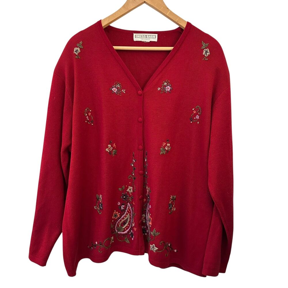 Dress Barn Woman Red Embroidered Paisley‎ V-Neck Cardigan Size 2X Shoulder Pads